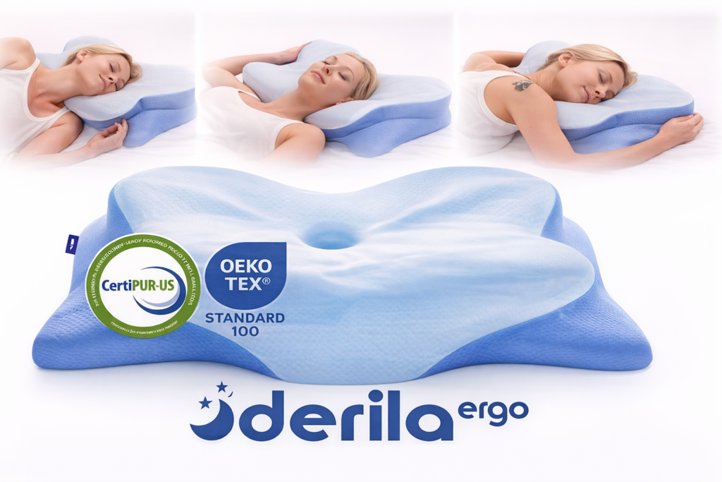 Derila Ergo™ ergonomic memory foam pillow shown in use for neck pain relief, featuring OEKO-TEX Standard 100 and CertiPUR-US certifications for safe materials in the UK.